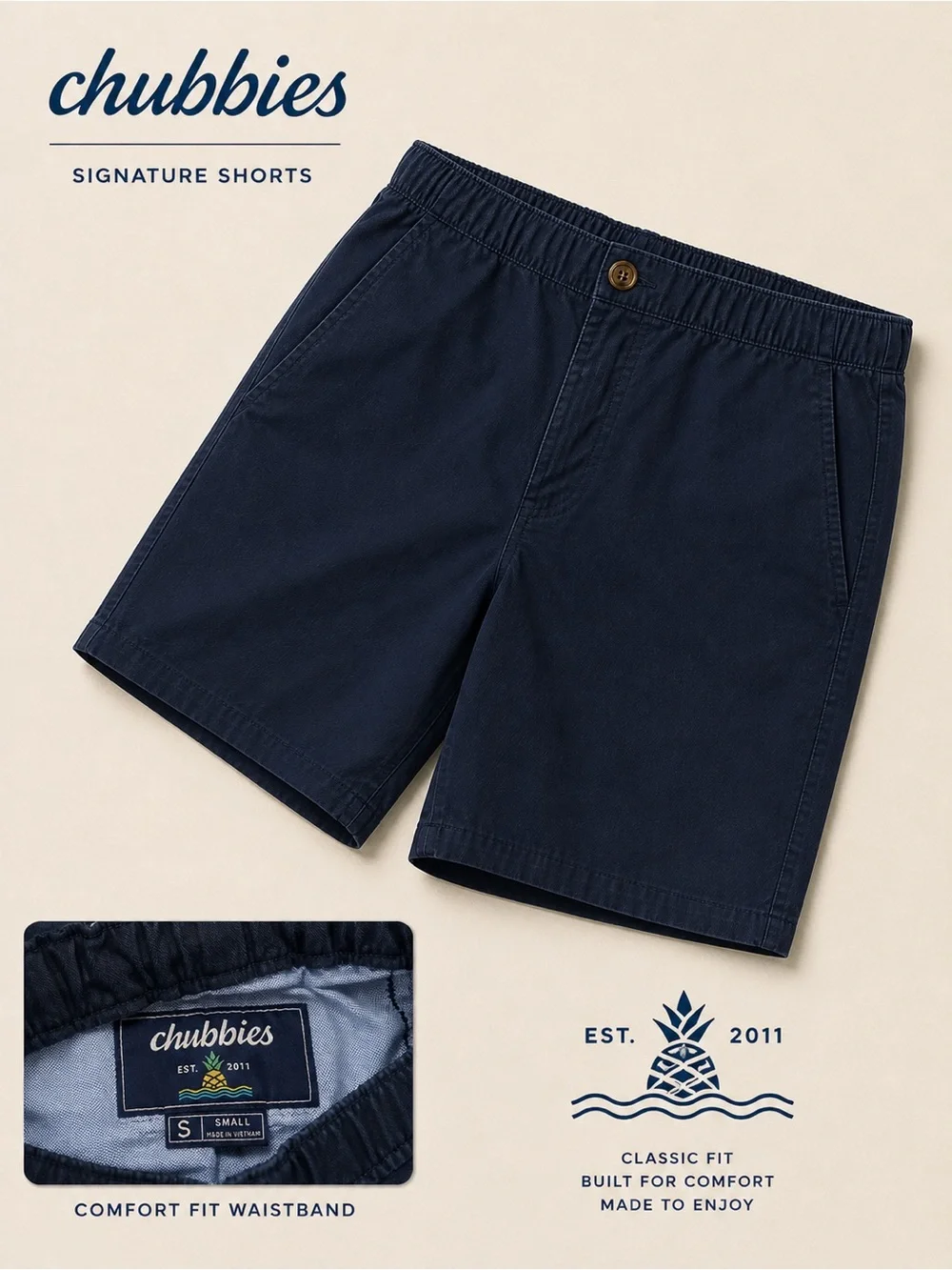 Chubbies Men’s Navy‎ Elastic Waist Shorts Size Small Casual Summer Classic Fit